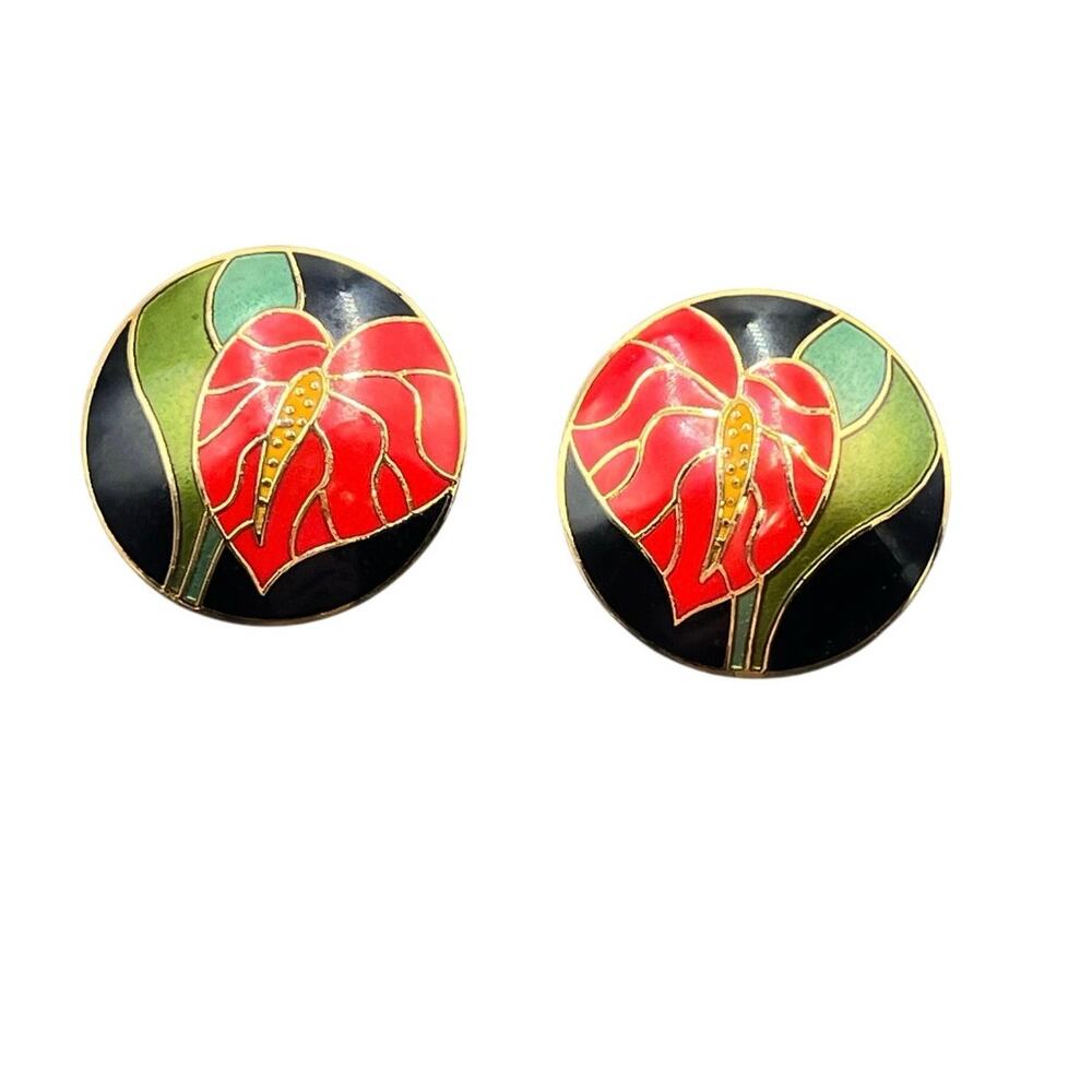 Laurel Burch Vintage Red Green Enamel Anthurium Flower‎ Stud Holiday Earrings